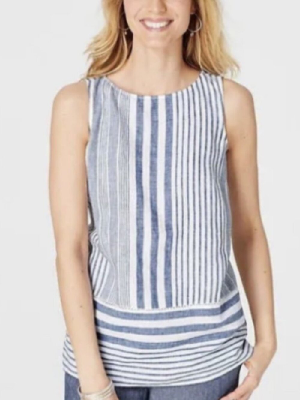 J.Jill Love Linen Tunic Women M Blue White Stripe Sleeveless Paneled Hem Top